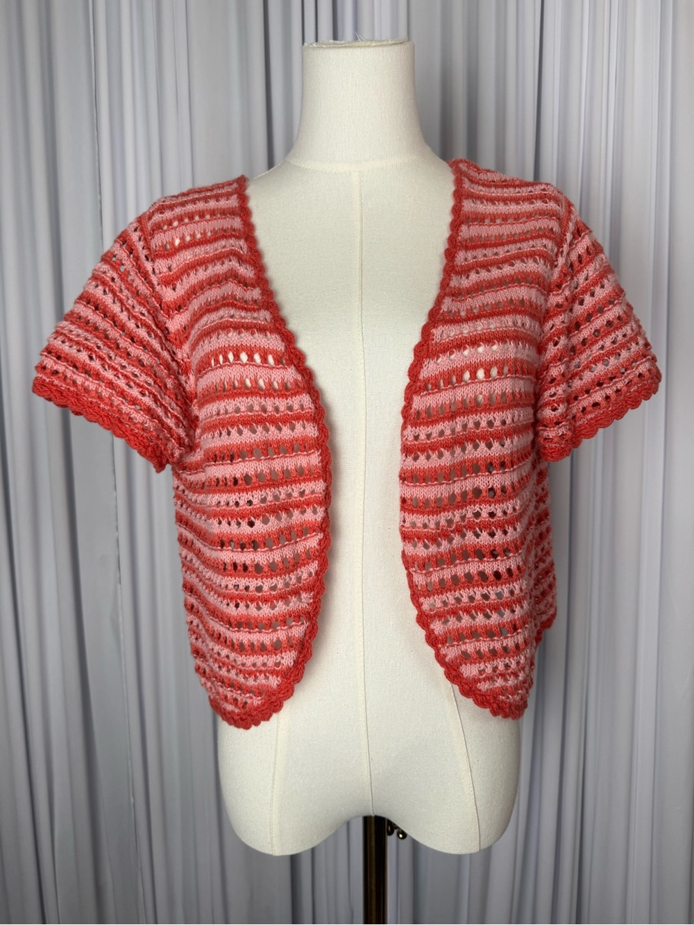 Vintage Crochet Bolero Shrug Short Sleeve Knit Cardigan Striped Pink Orange